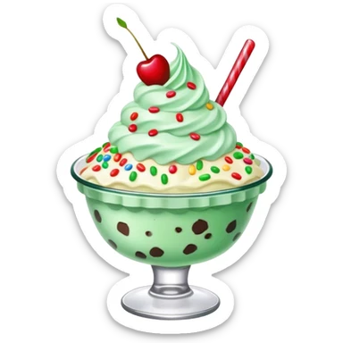mint chip ice cream with cherry on top and sprinkles in a ruffled glass bowl sticker
