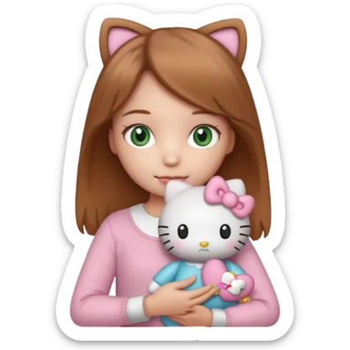 Girl with natural green eyes and light brown hair and she have a hello kitty doll with her hand sticker