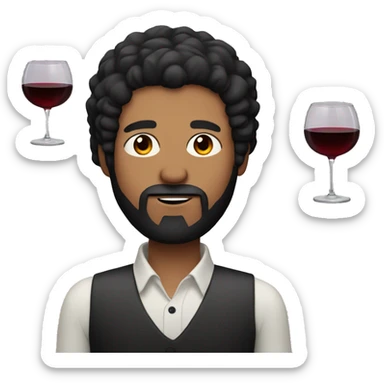 A man with black eyes and black hair and beard with glass with red wine sticker