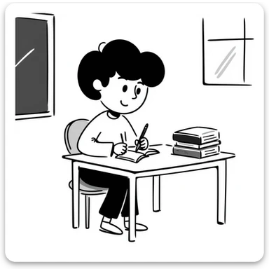 Student sitting at desk, taking notes while listening to lecture sticker