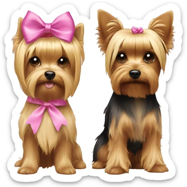A yorkie with pink ribbon on her head, and a blonde haired girl  sticker