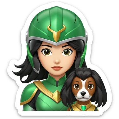 female green power ranger with wasian features, long black hair flowing from helmet, cockapoo dog at her side sticker