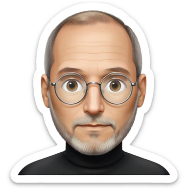 Steve Jobs with black turtleneck, round glasses, beard sticker