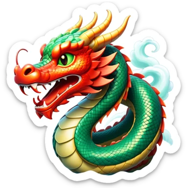 Cinematic Comical Chinese Serpent Dragon Portrait Emoji, Head tilted dramatically with an exaggeratedly amused expression, featuring a sleek, serpentine form adorned in luminous jade and vermilion scales interlaced with playful cloud and water accents; rendered with vibrant, lifelike textures and dynamic natural shadows, high shine, playful yet wise, styled with an air of cheeky ancient mystique, soft glowing outline, capturing the essence of a spirited and humorously enigmatic celestial dragon that looks ready to spiral into legendary lore! sticker