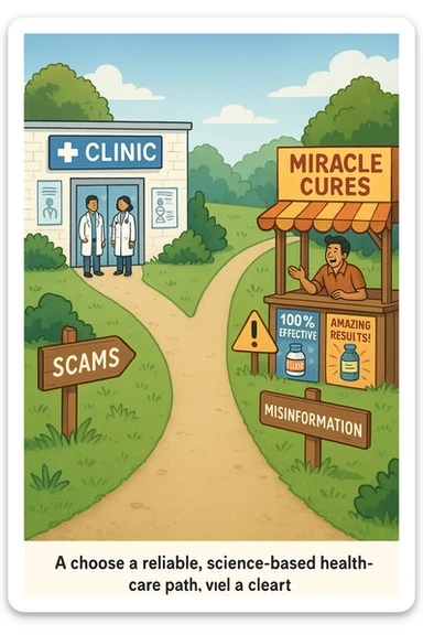 two paths diverge—one leads to a trustworthy clinic with doctors and scientific posters, the other to a shady stand selling “miracle” medicines with exaggerated claims. Signs along the second path warn of scams and misinformation. The scene encourages viewers to choose reliable, science-based healthcare. sticker