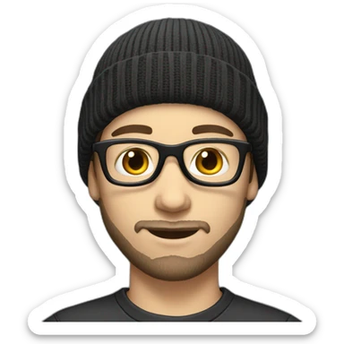 young dark-haired white man with a beanie, glasses and beard sticker