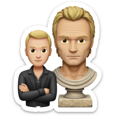 Cinematic realistic ultra HD - Musician Sting stands in front of an antique stone sculpture sticker