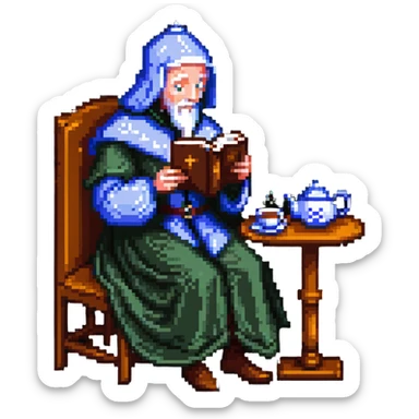 Chaucer reading and sipping tea, simple background, pixel art style sticker