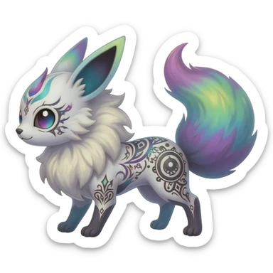 Rare neon iridescent white exotic cute epic aesthetic gothic colorful Salandit-Eevee-Civet-species-Fakemon-hybrid-creature, with intricate tattoo markings, full body sticker