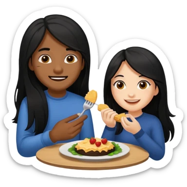 Fair skin woman with long black hair with her Brown skin ned boyfriend with his fine cut blacked hair eating together . Sticker sticker