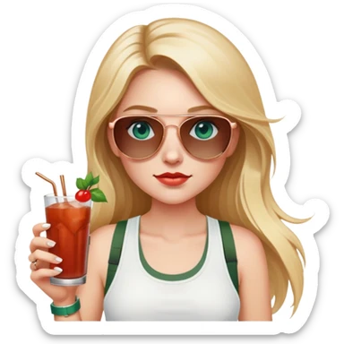 girl with long blond hair
with blue eyes
and aviator sunglasses
wearing white tank top 
holding bloody mary
wearing (rose gold apple watch with forest green band) sticker