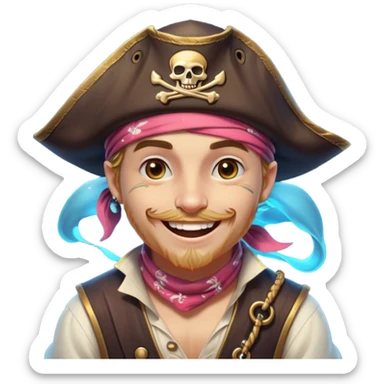 Clash of Clans aesthetic Playful Pirate Portrait Emoji, Head tilted with a roguish, cheeky grin and twinkling eyes, featuring a compact, spirited build with a jaunty hat and a quirky bandana, his natural skin tone evident, Simplified yet irresistibly charming features, highly detailed, glowing with a warm, inviting oceanic glow, high shine, spirited and lively, stylized with an air of whimsical maritime mischief, soft glowing outline, capturing the essence of a playful pirate exuding friendly rogue charm! sticker