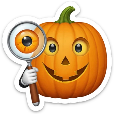 A pumpkin smiling at a magnifying glass (the magnifying glass has a suit thats black, the magnifying glass also has one eye in the middle turn the magnifying glass into a living person give the magnifying glass Normal looking eyes and give it actual arms and legs  sticker