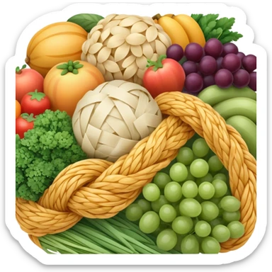 Close-up of a bundle of fiber strands intertwined with small vegetable, fruit, and grain icons, showing microscopic view of dietary fiber structure sticker