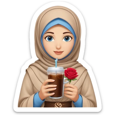 Turkish beautiful finish Konya girl blue eyes with beige hijab islamic dress and had on her hand Rose Cold brew coffee   sticker