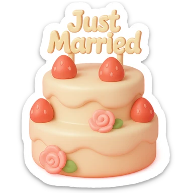 white wedding cake with strawberries, pink roses, 'Just Married' topper, vinyl figure style sticker