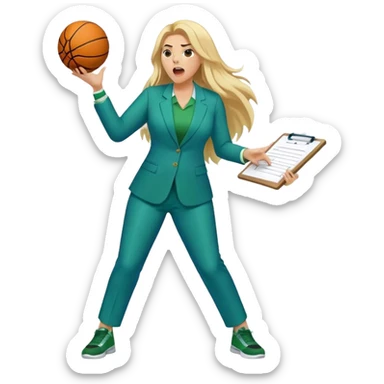 Full Body white plus size female basketball head coach yelling using a clipboard with long blonde hair in a blue and green suit sticker