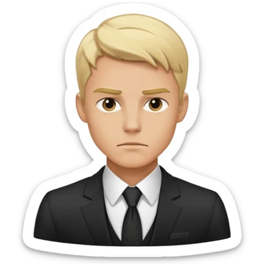 Man with stern expression, short blonde hair, strong jawline, wearing a suit sticker