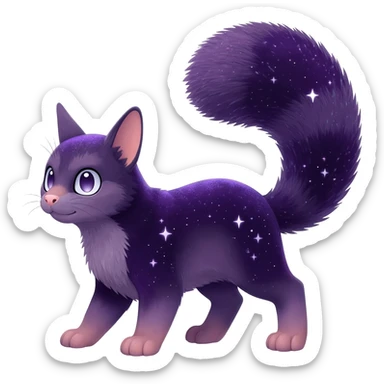 Hyper realistic  midnight-violet velvet fur soaked in starlight glitter and shadow gradients beautiful elegant pretty precious cute  Fakémon-Pokémon-opossum-feline-serval-caracal-chinchilla-Furret-Minccino-hybrid-creature with a big fluffy bushy tail (full body) sticker