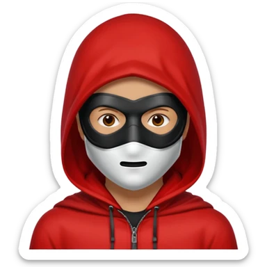 Q person with a red hood on and a black mask with a white square in the middle  sticker