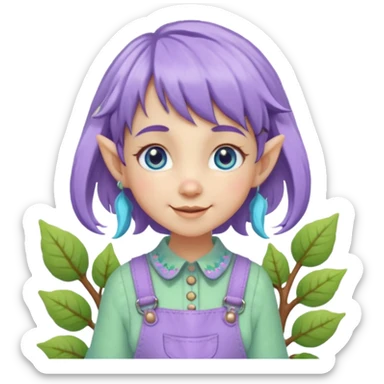 Kind happy whimsical quirky Girl toymaker, wood carving elf. Woodland nature creator. Blue eyes. Short bob, brown wavy hair with bangs. Whimsical playful cute. Overalls with nature embroidered cute shirt collar. Light green, light purple and light blue colour aesthetic  sticker