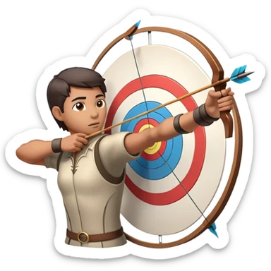 An archer drawing a bow and aiming an arrow at a target, with perfect focus and precision. The target is visible in the background, featuring concentric rings. The scene captures the concentration and skill involved in archery, emphasizing the elegance and accuracy of the sport. sticker