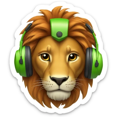 Head of a Lion wearing safety helmet with head phone looking front right in green and orange themefront  sticker
