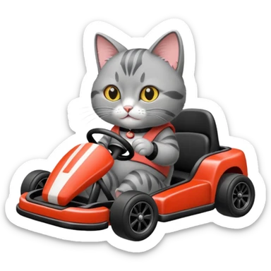 A grey cat driving a black go kart with sushi in one hand and driving with the other hand sticker