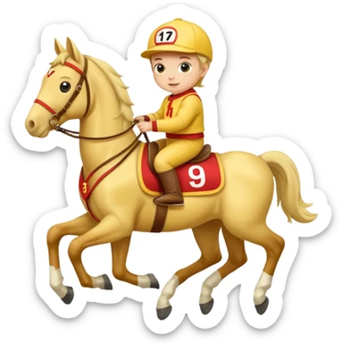baby riding horse wearing racing cloth yellow number sticker