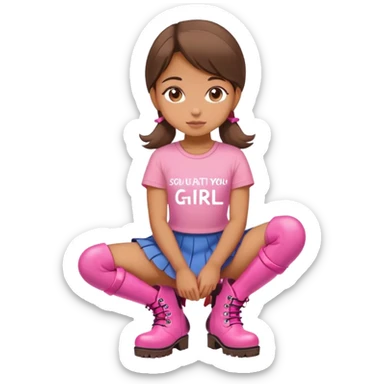  top and skirt with pink inscription “girl”  squatting in pink boots sticker