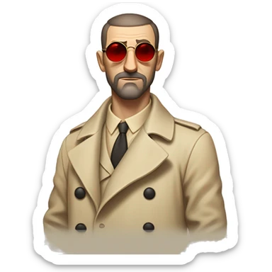 1930s investigator, a Caucasian man with short, buzz cut dark hair and a rough beard, wears tiny red-tinted sunglasses and a dirty beige trench lab coat. He has a serious demeanor. sticker