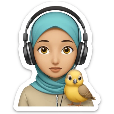 A hijabi girl with a medium skin tone wearing headphones with a small birdie on her head sticker