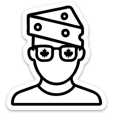 icon of a man wearing a block of cheese on his head, with Canada flag framed glasses, simple minimal icon style sticker
