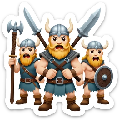 hree different Vikings scream, weapons in their hands, realistic sticker