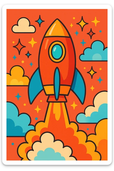 cartoon rocket ship taking off surrounded by playful clouds and sparkles whimsical vibrant style sticker