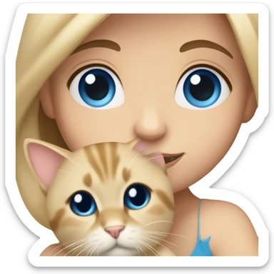 brunette girl blue eyes holding blonde cat sticker