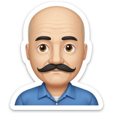 61 years old. Bald with dark hair on the sides. black thick moustache. White beard. saying sorry sticker