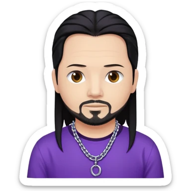 Jonathan Davis with black hair, purple shirt sticker