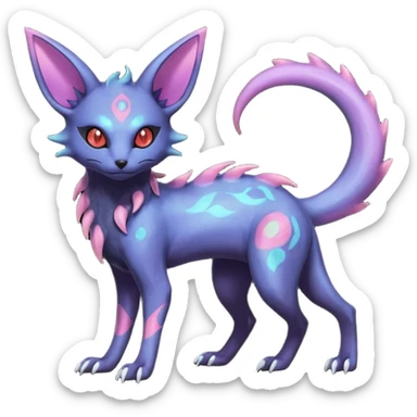Rare epic aesthetic iridescent spooky gloomy colorful Salandit-Zorua-Espeon-Genet-species-Fakemon-hybrid-creature, with markings, full body sticker