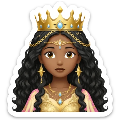 a black beautiful angel with gold pattern on her face and and long wavy black hair, she wears a ethereal crown with sparkling strings and a beautiful sparkling golden gown with moon crest in the middle of the gown, her face calm, gentle and kind, magical aura around her sticker