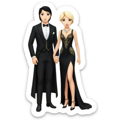 Blonde woman, black, Long, tight, sleveless Dress, Slot left Leg, man, black Hair, in Dinner jacket, Background ballroom sticker