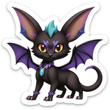 Black dark spooky badass cool shiny glossy smooth soft Black edgy Noivern-Noibat-Purloin-Torracat-Lykoi-Caracal-cat-Fakemon-fusion-hybrid-creature with bat wings on head as ears, big fangs, gothic markings sticker