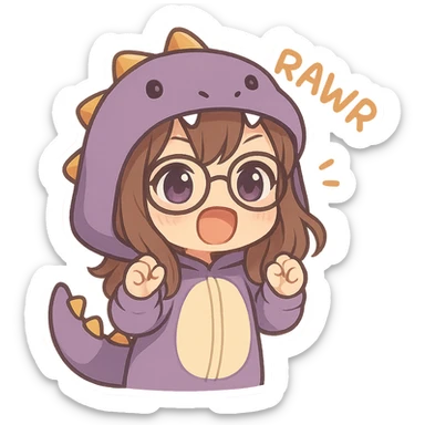 chibi anime style girl with glasses, brown hair, dark purple eyes, wearing a purple dinosaur costume, saying 'rawr' in a cute playful way, with a big open mouth sticker
