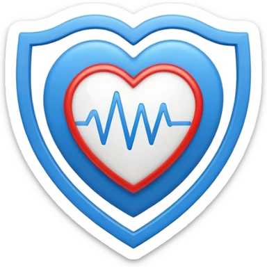 Health monitoring icon, heart inside shield, signal waves, emoji style, modern clinic branding sticker