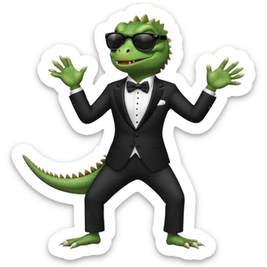capitalist iguana banker in tuxedo and black sunglasses dancing crazy sticker