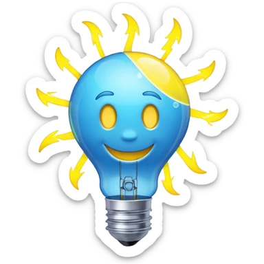neon yellow smiling lightbulb emoji, rotating atom inside, chemical bubbles, electric blue lightning bolt coming out from top, colors #FFD700, #00BFFF, #FF69B4, fun innovation and science sticker