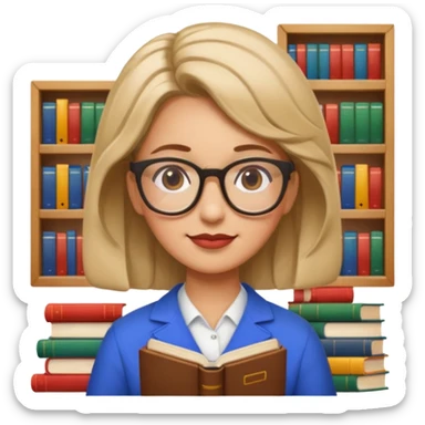 Google search character with librarian hairstyle and glasses, surrounded by books, apple emoji style sticker
