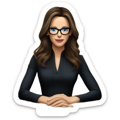 Hyper Realistic photo Kate Beckinsale blue eyes wearing glasses in a business meeting black dress sticker