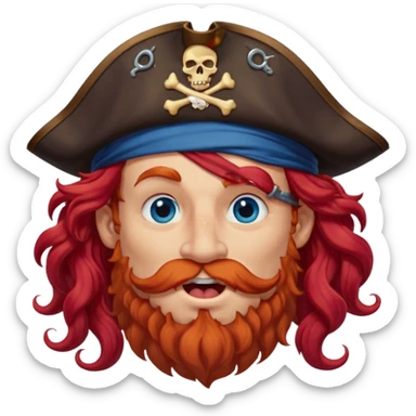 pirate with long curly red hair, blue eyes, strong nose and a chin dimple winking and licking his mouth seductively, no facial hair sticker