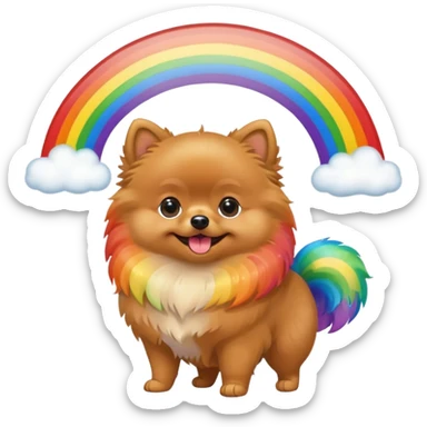A perfect Tan Pomeranian holding a rainbow sticker